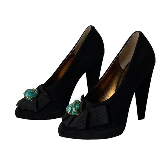Dolce & Gabbana Shoes - Dolce & Gabbana Suede Pumps Black with Grosgrain Trim and uncut turquoise stone